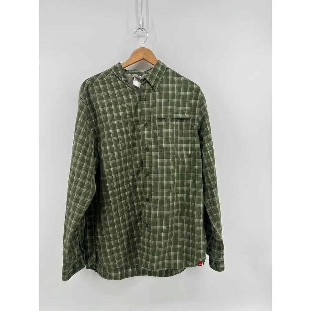 The North Face Button Down Shirt Mens Green Plaid Long Sleeve Collared Large